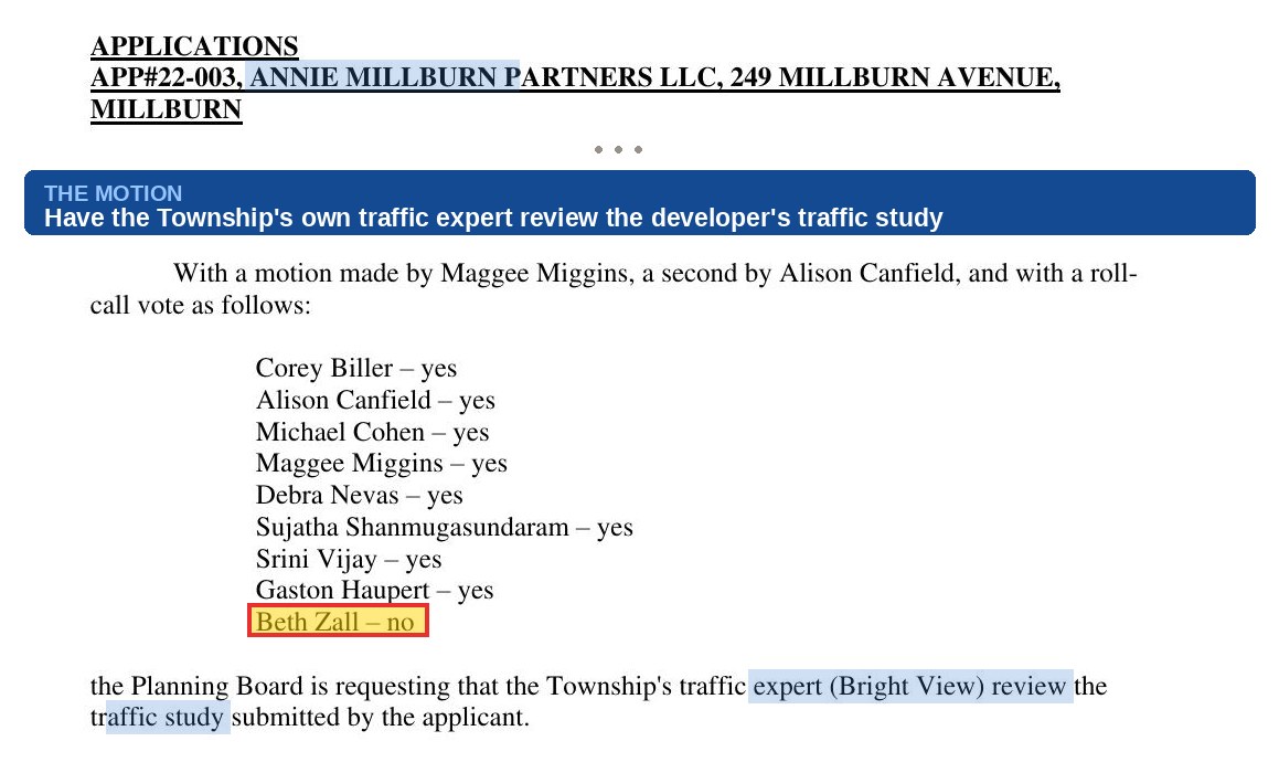 Planning Board minutes, May 3 2023: eight yes votes and Beth Zall no on retaining the township's traffic expert