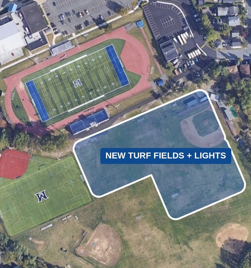 The high school complex with the new turf fields and lights marked