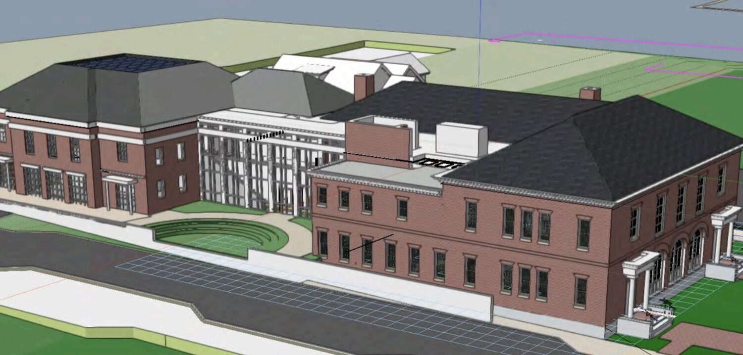 Architectural rendering of the renovated Millburn Town Hall with glass atrium and courtyard