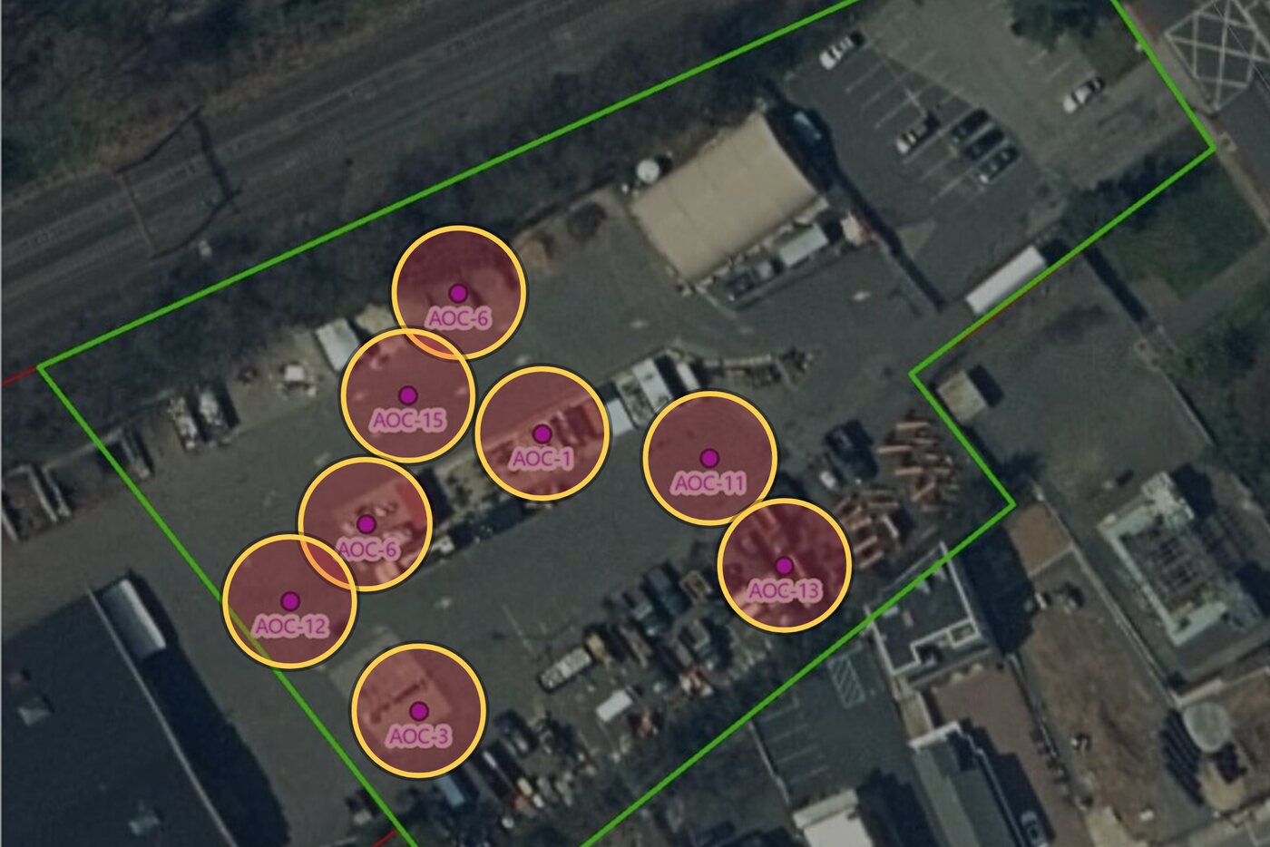 Aerial map of the Millburn DPW yard with eight documented areas of contamination ringed in gold