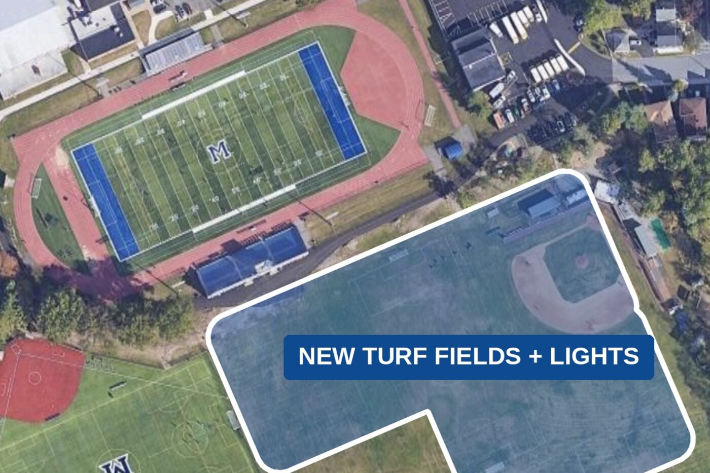 Aerial of the Millburn High School complex with the new turf fields and lights footprint outlined