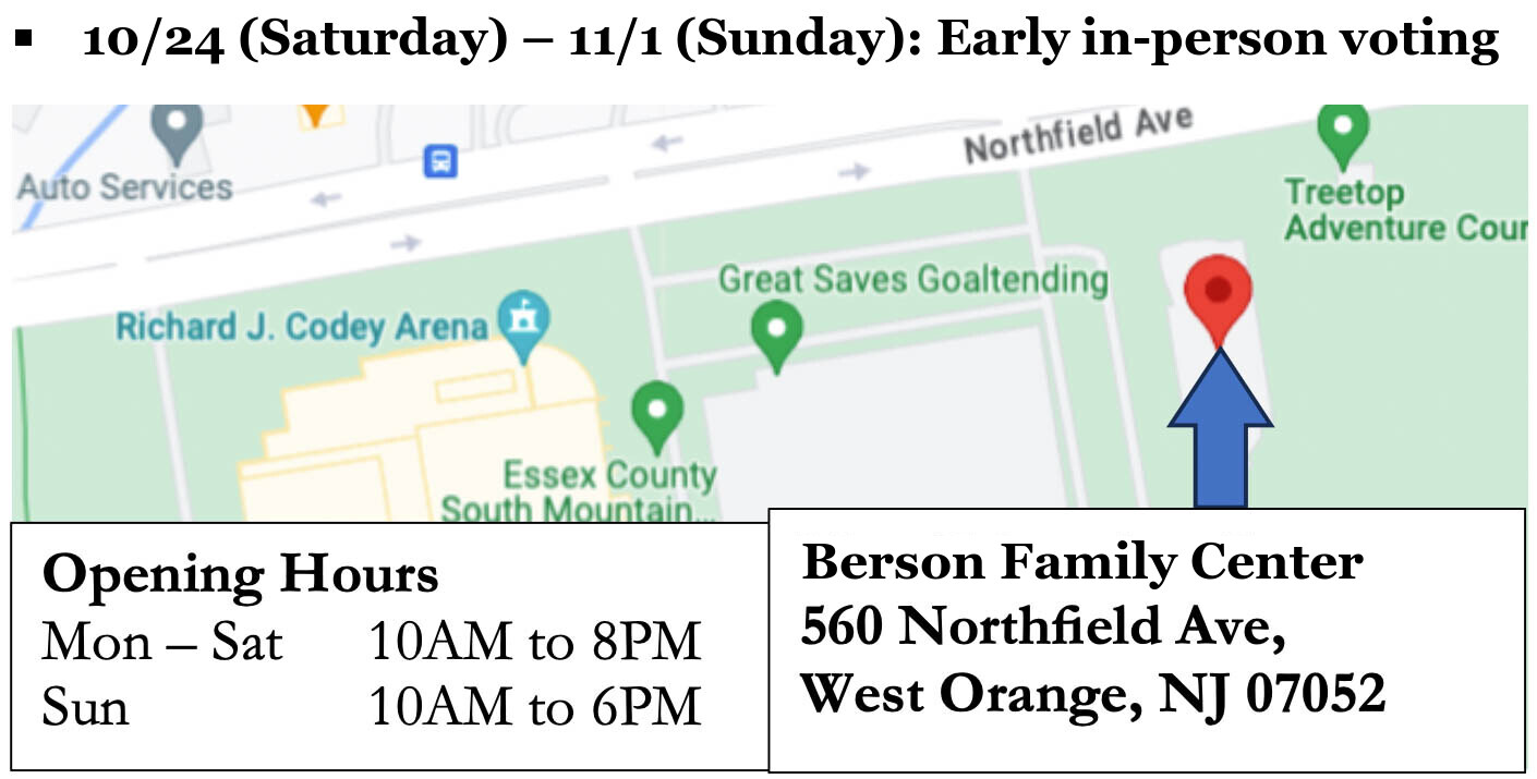 Map of the early voting location: the Berson Family Center at the South Mountain Recreation Complex, 560 Northfield Ave, West Orange. Opening hours: Monday through Saturday 10AM to 8PM, Sunday 10AM to 6PM.